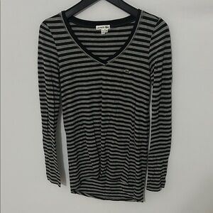 Lacoste Women's Gray and Black Striped Long Sleeve Top